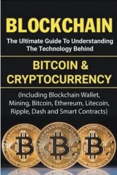 A book cover titled 'BLOCKCHAIN: The Ultimate Guide To Understanding The Technology Behind BITCOIN & CRYPTOCURRENCY' featuring three gold Bitcoin coins.