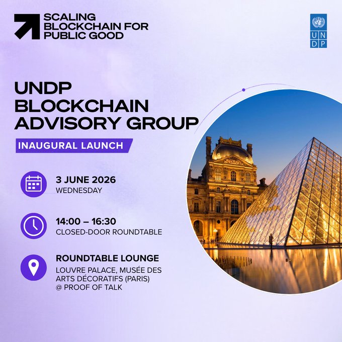The image features a large, ornate building with a pyramid-shaped roof, possibly an ancient Egyptian temple or palace. The building has a glass facade that reflects the surrounding environment. The text "Let'S go ICP" appears on the image, which is likely part of a promotional campaign for the UNDP's Blockchain Advice Group and their recent event at the Louvre Palace in Paris.