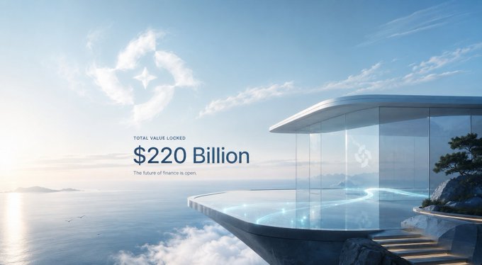A sleek futuristic glass pavilion overlooking the ocean displays the text "TOTAL VALUE LOCKED $220 Billion" with the tagline "The future of finance is open," visually representing Pacifica Fi's impressive trading volume milestone highlighted in the post.