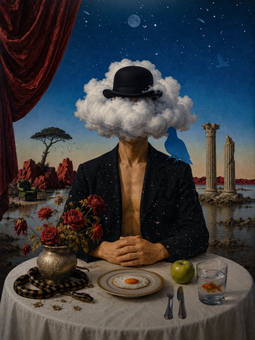 A surrealist painting depicts a figure in a starry suit sitting at a table, with a cloud and bowler hat instead of a head, accompanied by a blue bird on the shoulder.