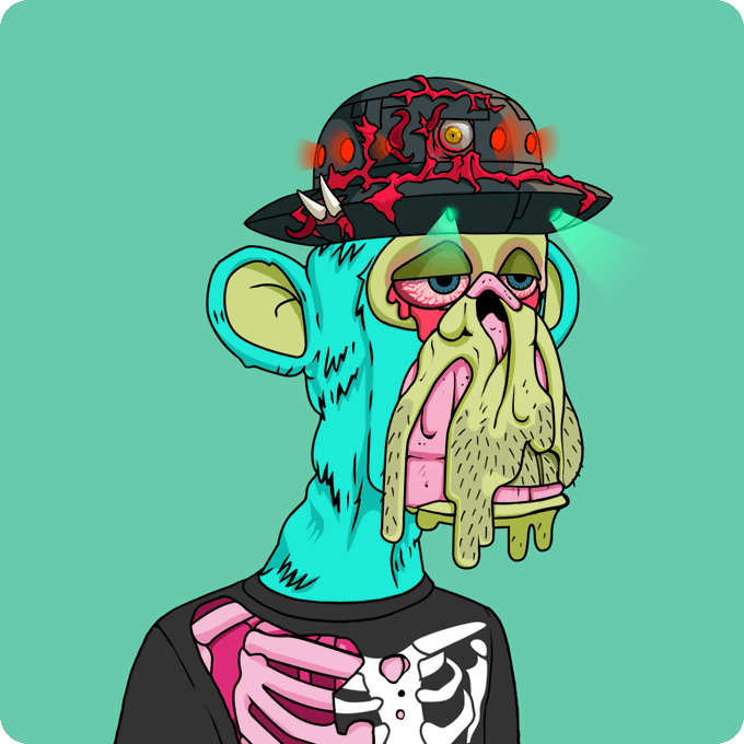 A cartoon character with a blue furry body, melting face, and spiked helmet wears a black skeleton t-shirt against a teal background.