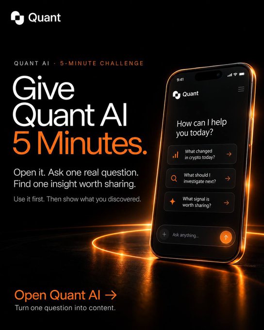 A promotional advertisement for 'Quant AI' showing a smartphone interface with the tagline 'Give Quant AI 5 Minutes' and suggested questions about crypto.