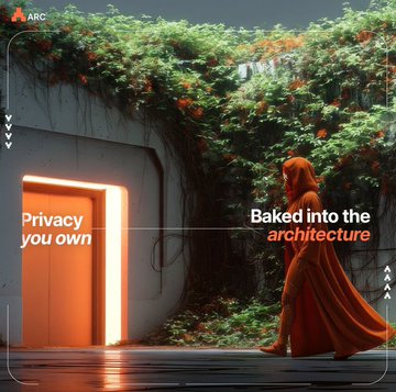 The image features a person wearing an orange robe walking past a door with an orange light shining through it. The text "Baked into the architecture" suggests that privacy should be structural rather than dependent on companies promising not to access users' data. This idea is further supported by the presence of the person in the image, who appears to be walking away from the door and entering a building or room behind it.