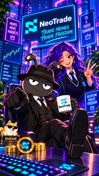A vertical advertisement for "NeoTrade" featuring anime-style characters in suits, with text promoting "TRADE MEMES TRADE FREEDOM" and "UNLOCK THE ULTIMATE FREEDOM."
