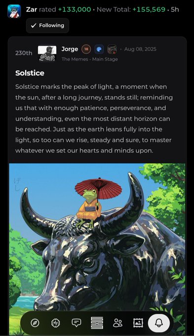 Twitter/X post by Zar showing a rating gain to 155,569, featuring a thread by Jorge titled 'Solstice' with an image of a frog holding an umbrella on a black bull statue.