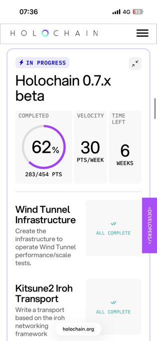 The image shows a Holochain 0.7.x beta progress dashboard at 62% completion (283/454 points), with a velocity of 30 points/week and an estimated 6 weeks left until completion. The "6 weeks left" figure aligns perfectly with the post's "6 hafta olur mu olur" (6 weeks, will it happen?) caption expressing anticipation about the project's timeline.