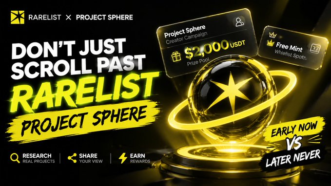 A promotional banner for 'RARELIST X PROJECT SPHERE' urges viewers 'DON'T JUST SCROLL PAST' with a $2,000 USDT prize pool, 'Free Mint' whitelist spots, and 'EARLY NOW VS LATER NEVER' messaging.