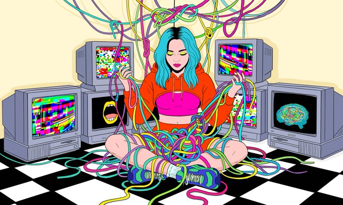 An illustrated woman with blue hair sits cross-legged on a black and white checkered floor, surrounded by colorful tangled cords and vintage CRT monitors displaying glitch art and smiley faces.