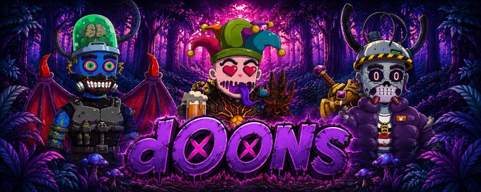 A colorful promotional banner for 'DOONS' featuring three skeleton-like characters with jester, military, and demon themes in a purple forest setting.