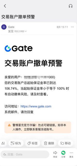 A mobile email screenshot from Gate exchange titled '交易账户撤单预警' (Trading Account Order Cancellation Warning) alerting a user that their margin ratio has reached 106.74%, warning of liquidation risk and urging caution against phishing links.