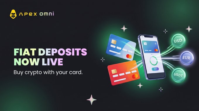 Promotional graphic for "APEX OMNI" announcing "FIAT DEPOSITS NOW LIVE" and "Buy crypto with your card," featuring illustrations of credit cards and a smartphone with USD, EUR, and USDT tokens.