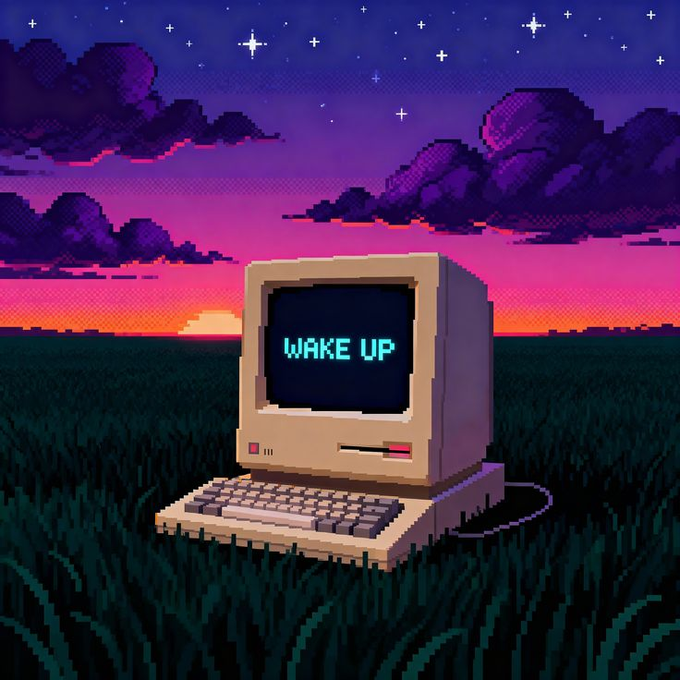 The image features an old computer monitor sitting in a field of tall grass at sunset. The monitor displays the text "Wake Up" written across its screen. The scene suggests that the monitor has been abandoned or left behind, possibly due to its age or malfunctioning. The setting is reminiscent of a post about public mempools and Ethereum's vulnerability to attacks, where transparency acts as a tax on capital. This image could be interpreted as a warning against the potential risks associated with using older technology in an increasingly transparent and interconnected world.