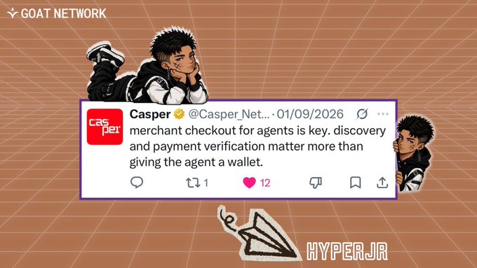 A promotional graphic from GOAT NETWORK featuring a Casper Network tweet about merchant checkout and payment verification, decorated with anime character illustrations.