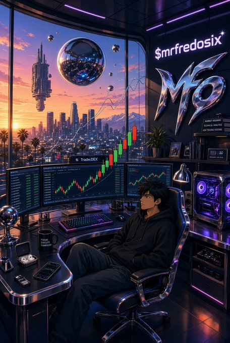 Anime-style illustration of a young man in a hoodie sitting at a futuristic trading desk with multiple monitors showing green and red candlestick charts, with '$mrfredosix' text and a stylized 'MF6' logo on the wall.