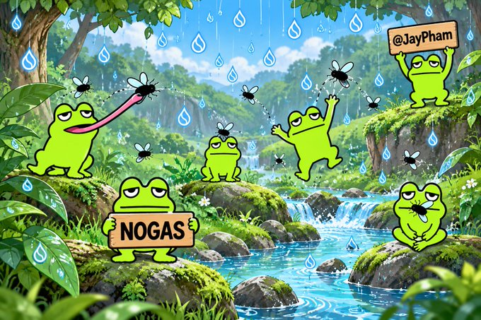 A colorful cartoon rainforest scene shows green frogs surrounded by waterfalls, insects, and hanging water droplets, with one frog holding a “NOGAS” sign and another holding “@JayPham.” The imagery illustrates the accompanying post’s early-access giveaway promotion for $NOGAS, including 92 GTD spots allocated $25 each, ahead of the project’s planned launch on blast.fun (Sui).