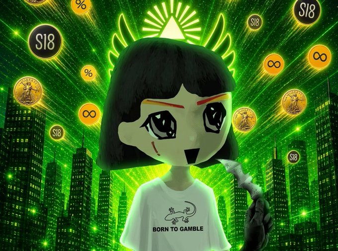 A stylized digital illustration of an anime-like character with a glowing halo and wings, wearing a 'BORN TO GAMBLE' shirt, set against a green cityscape background with floating coins and infinity symbols marked 'S18'.