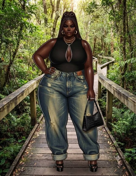 A plus-size Black woman standing on a wooden bridge in a lush green forest, wearing a black halter top, baggy jeans, and holding a small black handbag.