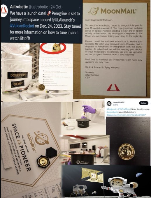 A collage related to the DOGE-1 mission, including an Astrobotic tweet about a Dec. 24, 2023 VulcanRocket launch, a 'MoonMail' letter from John Thornton, CEO, and images of a MoonBox capsule and Space Pioneer certificate.