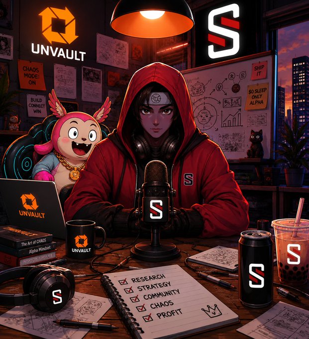 A stylized digital artwork featuring a hooded character at a podcasting/broadcasting setup with Unvault and 'S' logos, a plush toy companion, and a checklist for research, strategy, community, chaos, and profit.