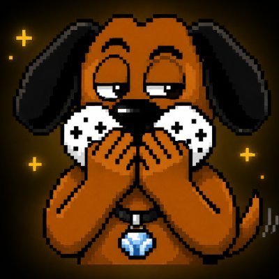 A pixel art illustration of a brown dog with droopy eyes covering its mouth with both paws, wearing a blue gemstone collar tag against a dark background with yellow sparkle accents.