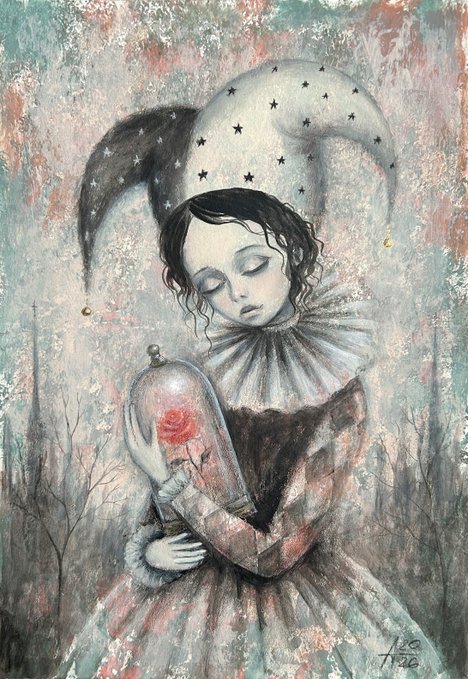 A gothic-style painting of a melancholic jester or clown figure with a star-patterned pointed hat, holding a glass dome with a red rose inside.