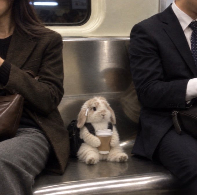 A fluffy stuffed rabbit wearing earbuds and holding a coffee cup sits between two passengers in business attire on a subway train.