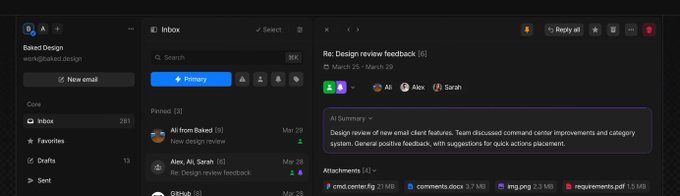 A screenshot of an email client interface (appears to be Mail0) showing an open email titled "Re: Design review feedback" with attachments including "crnd center.zip" (2.17 MB), "comments.docx" (3.7 MB), "img.png" (2.3 MB), and "requirements.pdf" (1.5 MB), demonstrating the app's UI design referenced in the post praising Mail0's interface.