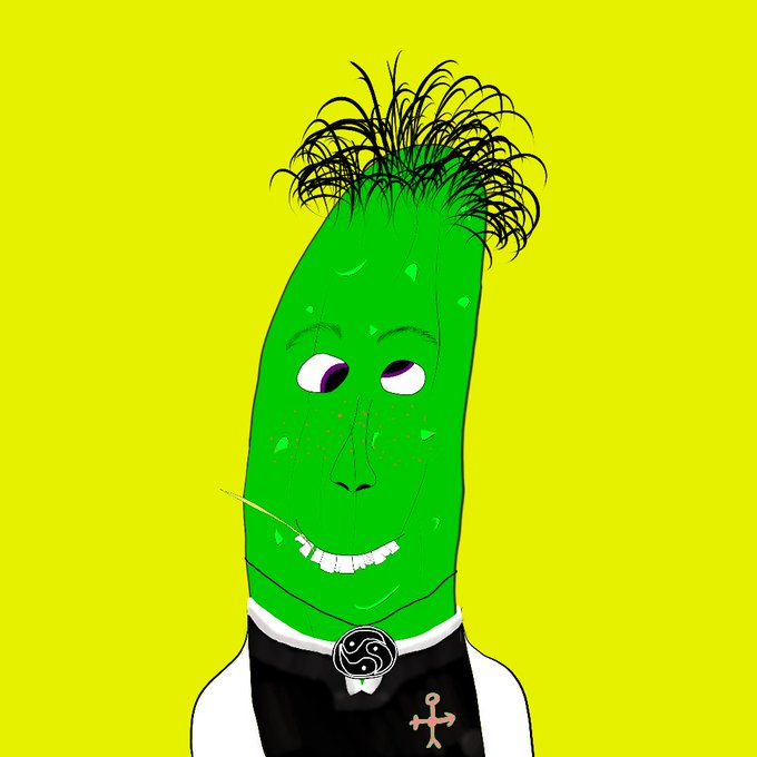 A cartoon illustration of a green pickle-like character with messy black hair, wearing a black vest with a cross emblem and a white collar, set against a yellow background.