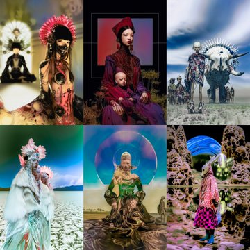 Collage of eight fantastical, surreal digital art portraits featuring elaborate costumes and otherworldly settings.