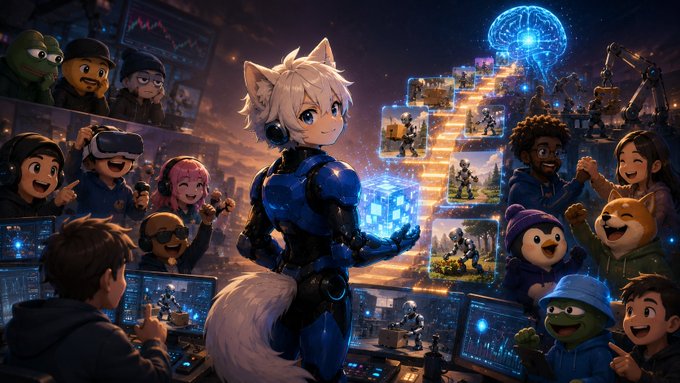 A white-furred, blue-armored anthropomorphic fox-like robot with glowing blue eyes holds a glowing cube at the center of a collaborative scene, surrounded by diverse human and animal characters engaged with robotics, AI brain visualizations, and game-like interfaces, illustrating PrismaX's mission of crowdsourced robot training data that transforms individual interactions into lasting machine intelligence.