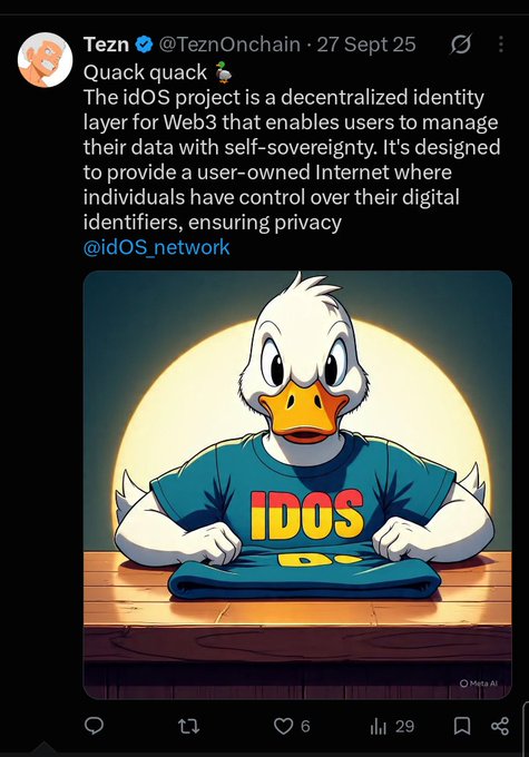 A Twitter post from @TeznOnchain dated 27 Sept 25 describes the idOS project as a decentralized identity layer for Web3, accompanied by an image of a cartoon duck wearing an 'IDOS' shirt.