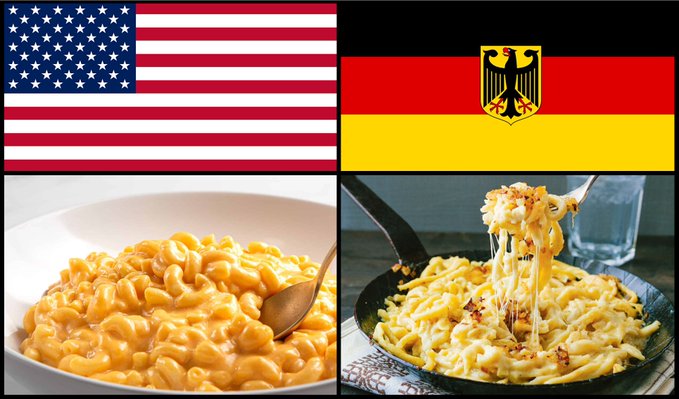 A comparison meme showing the American flag paired with macaroni and cheese on the left, and the German flag paired with Käsespätzle (a cheesy German noodle dish) on the right.