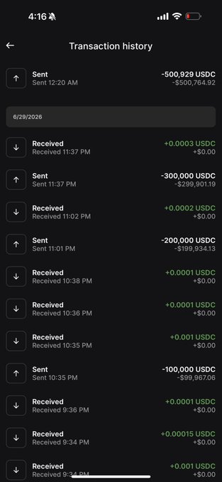 A mobile transaction history screen from 6/29/2026 shows massive USDC losses, with a final "Sent" transaction of -500,929 USDC (-$500,764.92) at 12:20 AM, contributing to total losses exceeding $1.1 million across multiple large sends (including -300,000 and -200,000 USDC) interspersed with tiny received amounts.