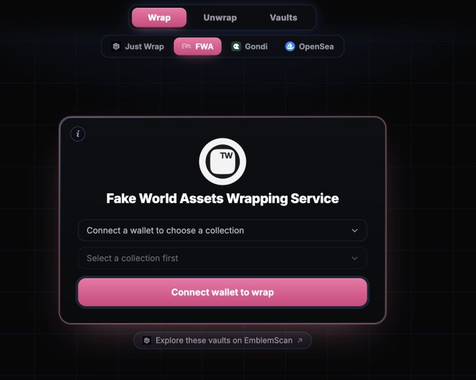 A screenshot of the Fake World Assets Wrapping Service (FWA) interface showing options to Wrap, Unwrap, or access Vaults, with integrations for Just Wrap, FWA, Gondi, and OpenSea, prompting users to 'Connect wallet to wrap'.