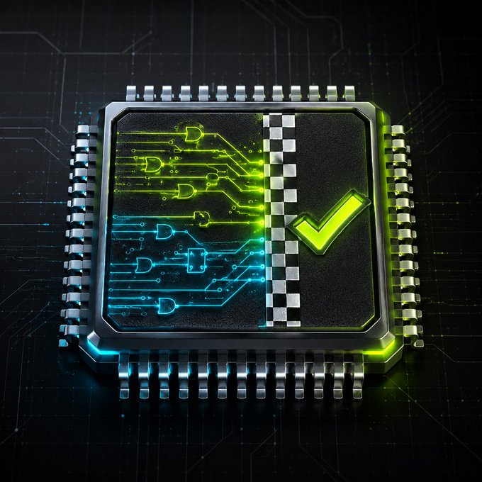 A sleek microchip with glowing green and cyan circuit pathways and a prominent green checkmark, symbolizing successful verification and innovation in digital design—matching the post's emphasis on building an on-chain competition platform for circuit designers through TapeOut.