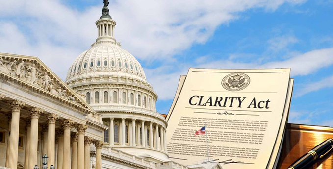 The U.S. Capitol building under a blue sky with a document titled 'CLARITY Act' displayed in the foreground.