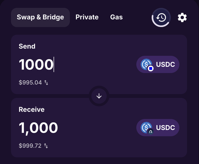 A dark-themed cryptocurrency swap interface displays a transaction to 'Send' 1000 USDC (~$995.04) and 'Receive' 1,000 USDC (~$999.72).