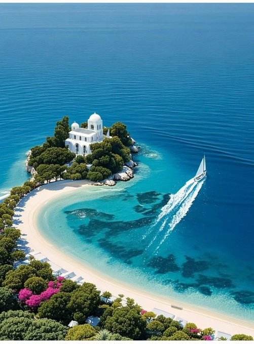 The image captures an aerial view of a beach with lush green trees surrounding it, overlooking turquoise water dotted with boats, including a sailboat. There are several palm trees near the shoreline as well. The sky above appears to be cloudy but doesn't seem to affect the overall scenery. A post on social media that reads "Good Morning CT @wallchain @perx_trade turns every position inside @NomismaNetwork Season 3 into more than just a trade" is situated in the image, providing context about the location and its characteristics, such as the presence of boats and activities around it like the beach resort.