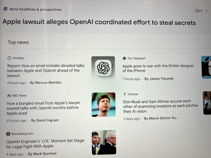 News aggregator page headlined 'Apple lawsuit alleges OpenAI coordinated effort to steal secrets,' featuring stories from 9to5Mac, The Telegraph, NBC News, Fortune, and Bloomberg.