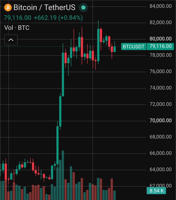 A cryptocurrency chart displays Bitcoin/TetherUS (BTCUSDT) trading at 79,116.00, up +662.19 (+0.84%), showing a recent sharp upward price movement.