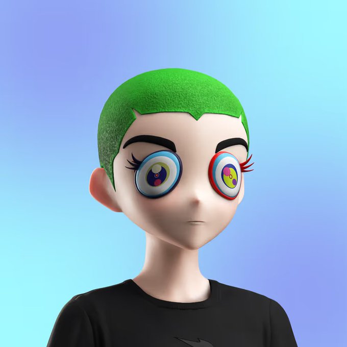 A 3D-rendered cartoon character with bright green hair and large, colorful eyes featuring red and blue irises, wearing a black t-shirt against a gradient blue-purple background.