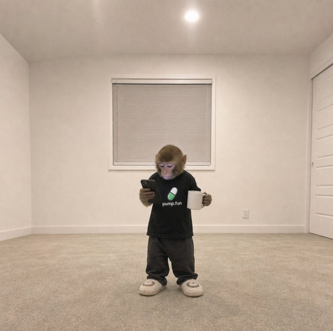An AI-generated image shows a small monkey standing in an empty carpeted room, wearing a black 'pump.fun' t-shirt and gray pants, while looking at a phone and holding a white mug.