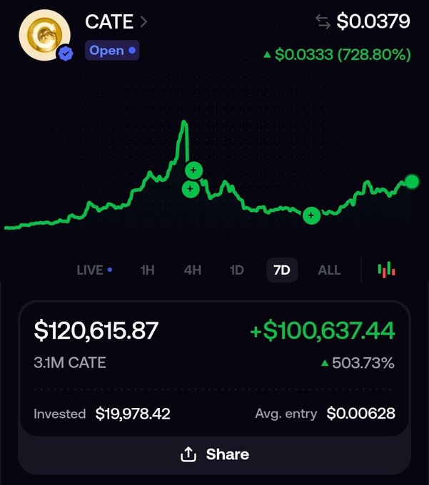 A screenshot showing a crypto portfolio tracking app with a gain of +0.8162 SOL ($118.75) on the token $CATE (CATE), displayed alongside a post claiming an airdrop is coming in 12 hours. The image appears designed to showcase sudden profits from the $CATE token as "proof" to lure viewers into dropping their Solana addresses.