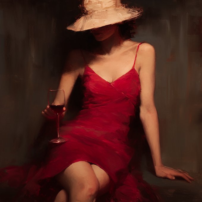 A painterly portrait of a woman in a red dress holding a glass of red wine, wearing a wide-brimmed hat that obscures her face, set against a dark atmospheric background.