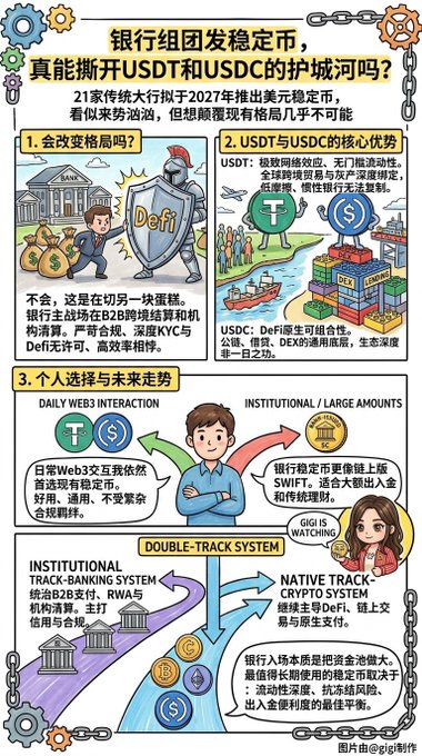 A Chinese-language infographic discussing whether the 21-member banking consortium issuing stablecoins in 2027 can break the USDT and USDC duopoly, covering DeFi advantages and a double-track strategy.