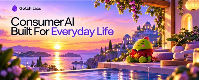A promotional banner for 'GotchiLabs' displays the tagline 'Consumer AI Built For Everyday Life' over a vibrant sunset scene featuring a cartoon character by a pool overlooking a coastal city.