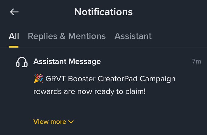 A "Notifications" screen displays an "Assistant Message" indicating "GRVT Booster CreatorPad Campaign rewards are now ready to claim!" received 7 minutes ago, which supports the post celebrating unlocking another GRVT reward on Binance.