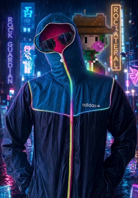 A futuristic cyberpunk-style image featuring a hooded figure wearing sunglasses with a pink-lit visor and an Adidas jacket with neon accents, set against a rainy neon cityscape with the text "ROCK_ATERALL" and "ROCK_GARDIAN".