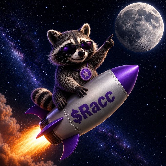 A digital illustration of a raccoon wearing sunglasses and a star pendant, riding a silver and purple rocket labeled '$Racc' through outer space with a large moon in the background.