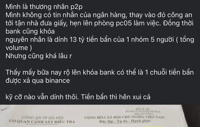 An image containing a text post in Vietnamese discussing a P2P lending situation involving bank accounts, police invitations to PC05, and cryptocurrency on Binance, placed above a photo of a document from the Hanoi City Police Investigation Agency ("CÔNG AN TP HÀ NỘI - CƠ QUAN CẢNH SÁT ĐIỀU TRA").